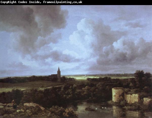 Jacob van Ruisdael an extensive landscape with a ruined castle and a village church